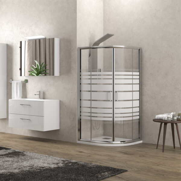Flora 200 (Radius 500) 80x80x180 Kabinë dushi gjysmërrethore Cromo me kristal të serigrafizuar S-1030 Flora 200 (Radius 500) 80x80x180 Kabinë dushi gjysmërrethore Cromo me kristal të serigrafizuar S-1030