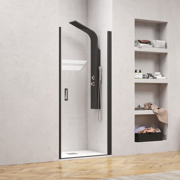 Kabinë dushi Nero Pivot Porta 900x2000 Nero mur më mur me kristal transparent 6 mm