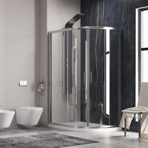 Kabinë dushi asimetrike gjysmërrethore Flora 650 90x120x190 Cromo me kristal transparent Nano 6mm Kabinë dushi asimetrike gjysmërrethore Flora 650 90x120x190 Cromo me kristal transparent Nano 6mm