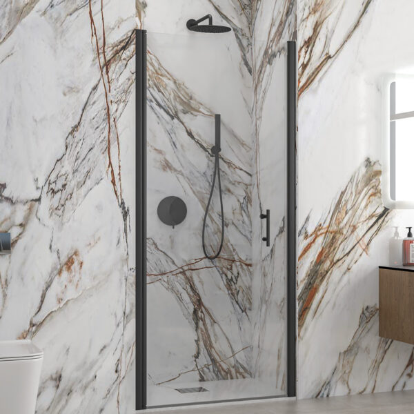 Kabinë dushi mur më mur S-28 Alto Porta 900x2000 Nero me kristal transparent 6 mm