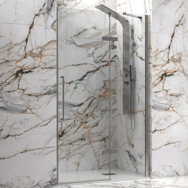 Kabinë dushi mur më mur Tinos 400 700x2000 prej inox të lëmuar me kristal transparent Nano 8 mm