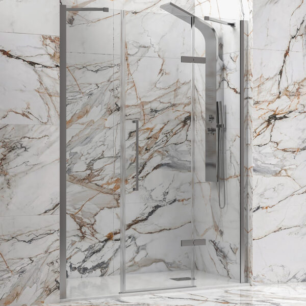 Kabinë dushi mur më mur Tinos 600 1500x2000 prej inox të lëmuar me kristal transparent Nano 8 mm (26 Fis)